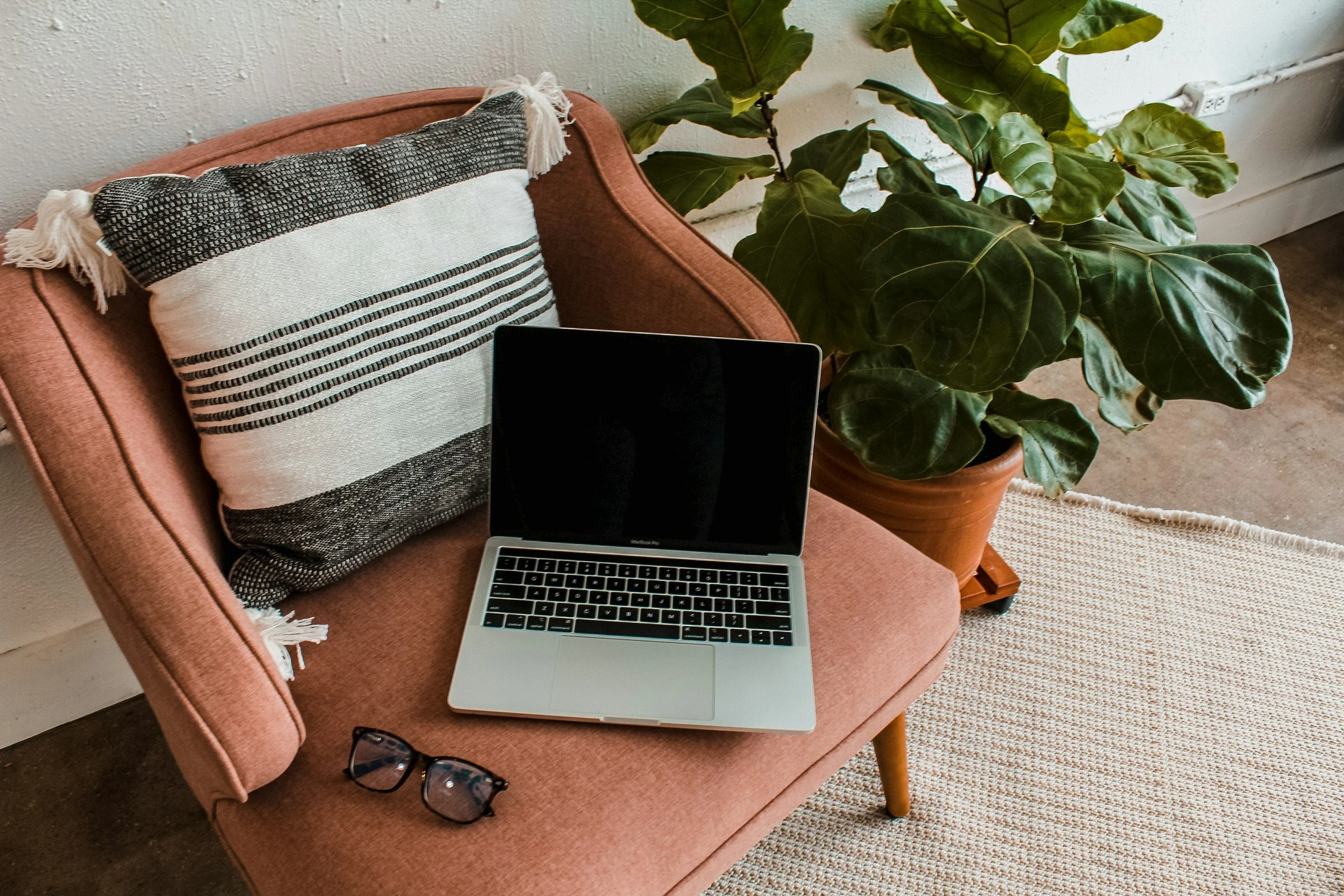 A pink upholstered sofa with a black and white striped pillow, a silver laptop, a pair of glasses, and a large green potted plant nearby.