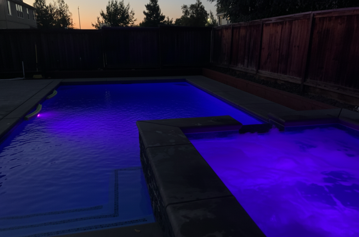 Pool with LED lighting and Baja shelf at evening by NorCal Pools Inc in Northern California