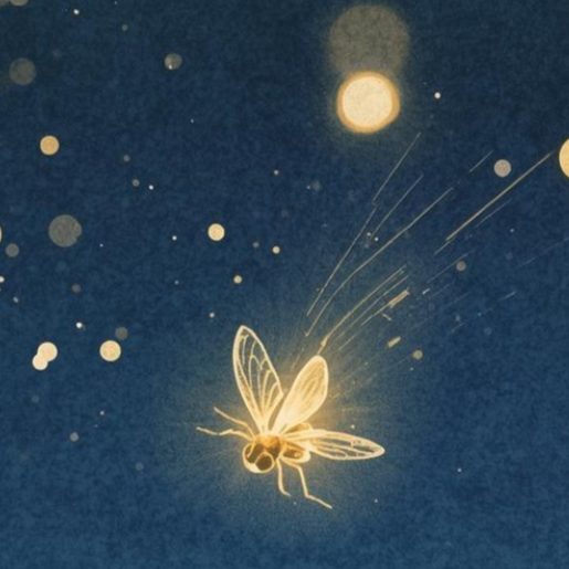 A glowing illustration of a firefly flying in the night sky with a bright moon and stars in the background.