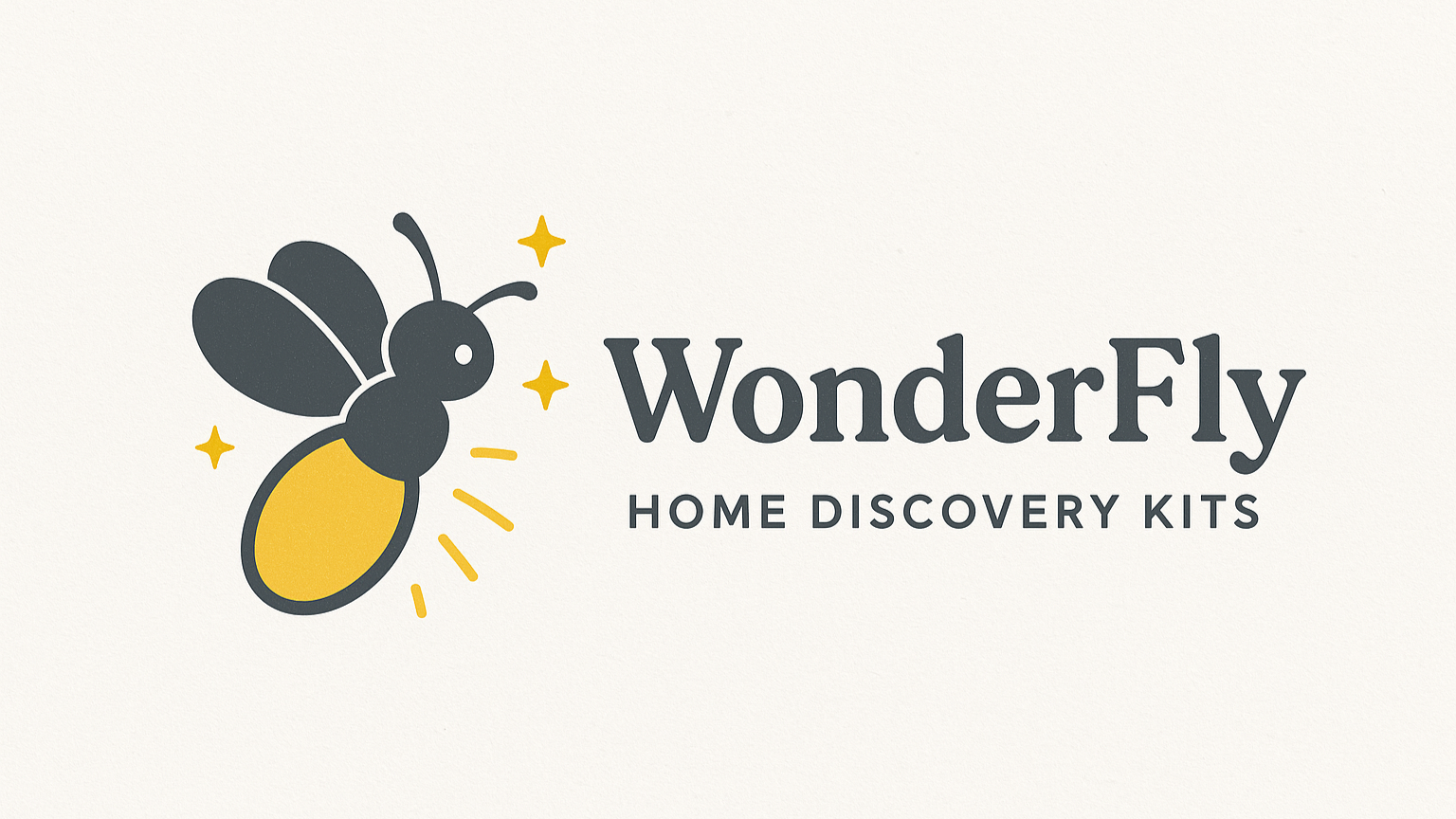 Logo for WonderFly Home Discovery Kits featuring a stylized bee with yellow and black coloring, with yellow sparkles around it, next to the text 'WonderFly' and 'Home Discovery Kits'.