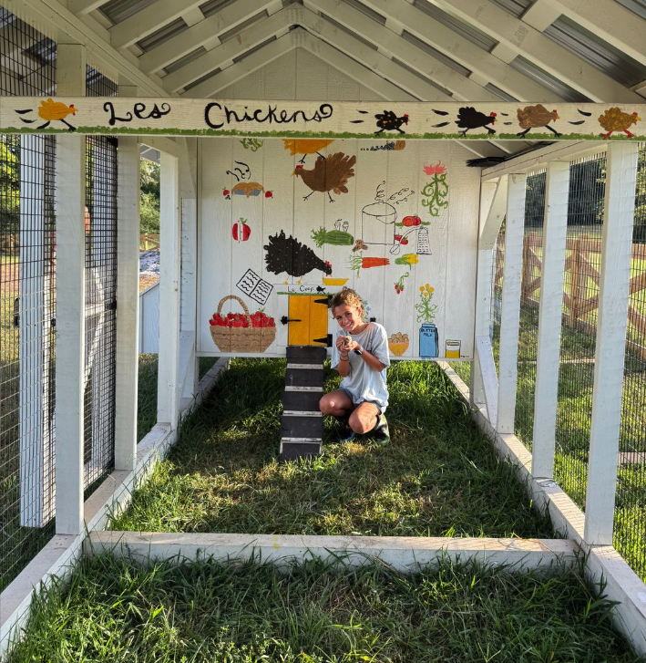 A boy inside a homemade chicken coop with painted walls and a small ramp, holding a chick. The coop's interior has farm-themed artwork and a sign that reads 'Les Chickens' at the top.
