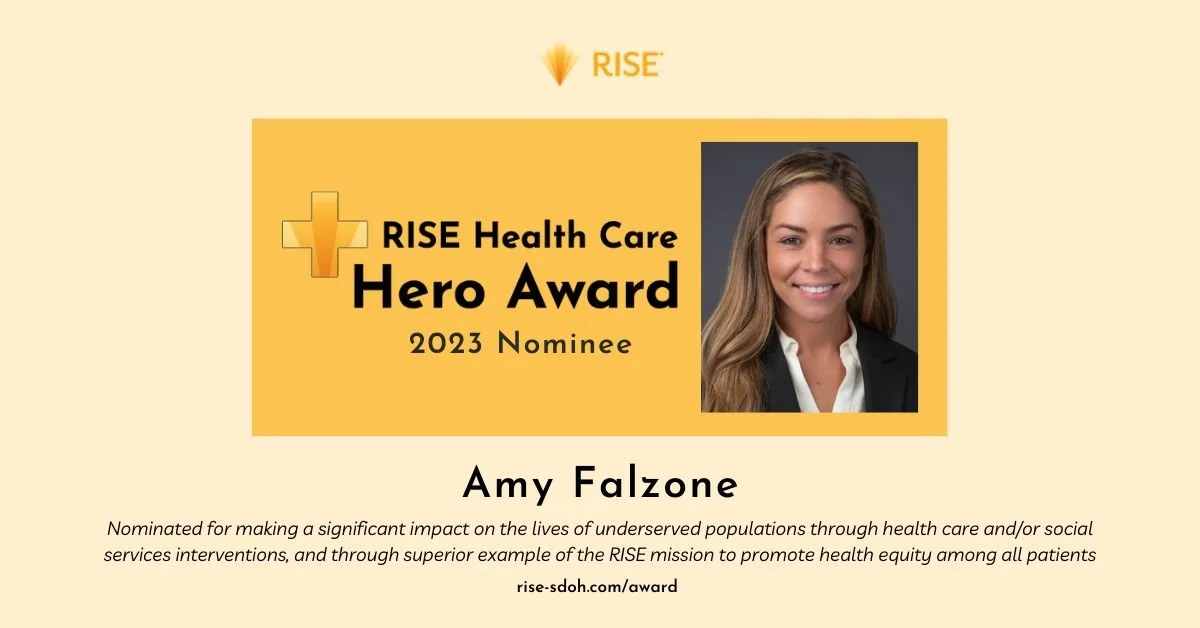 Award certificate for the RISE Healthcare Hero Award 2023 nominee Amy Falzone, featuring a professional portrait of her, with a gold plus symbol and health-related messaging.