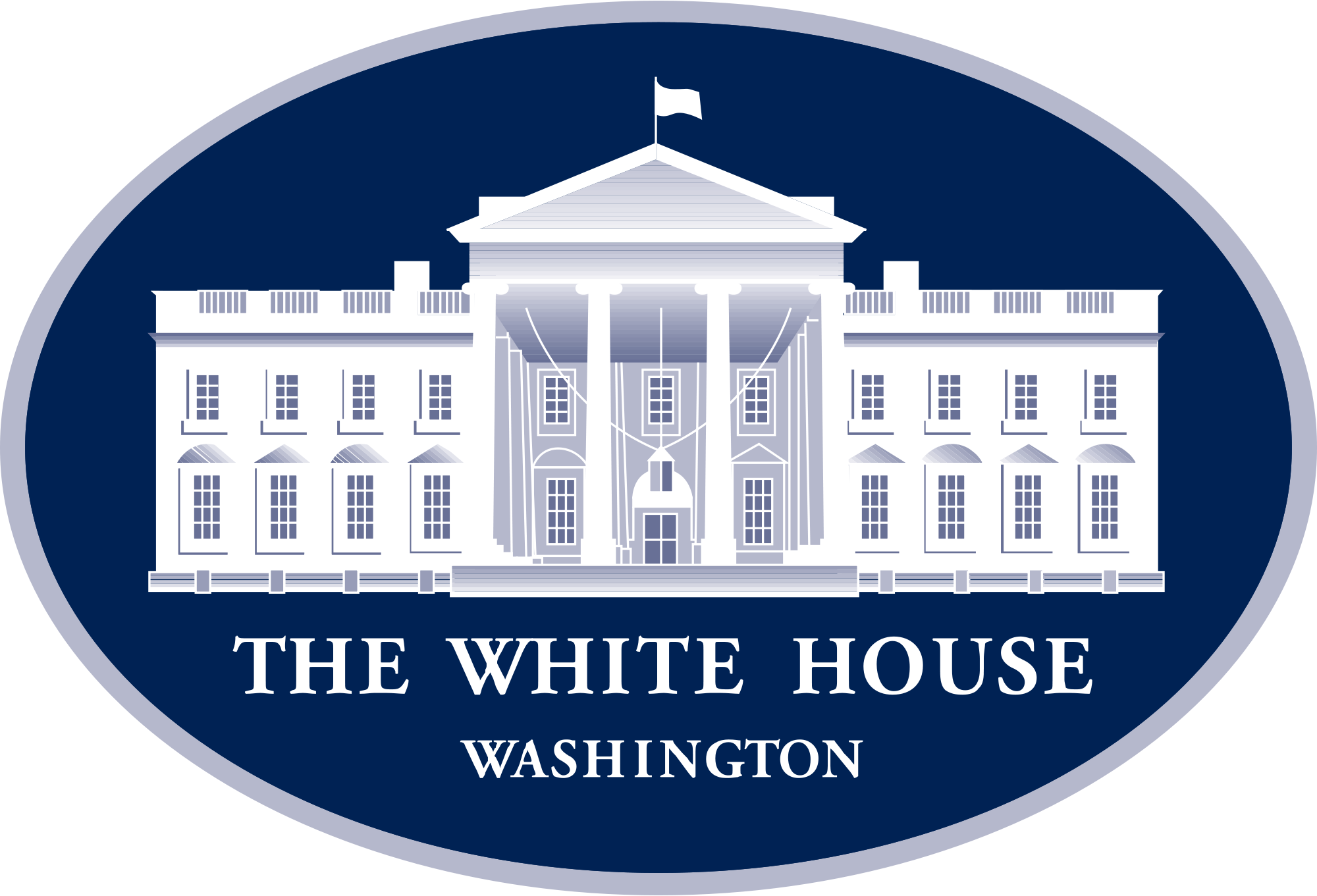 An illustration of the White House in Washington, with white lines on a dark blue background and the text 'The White House Washington' beneath it.