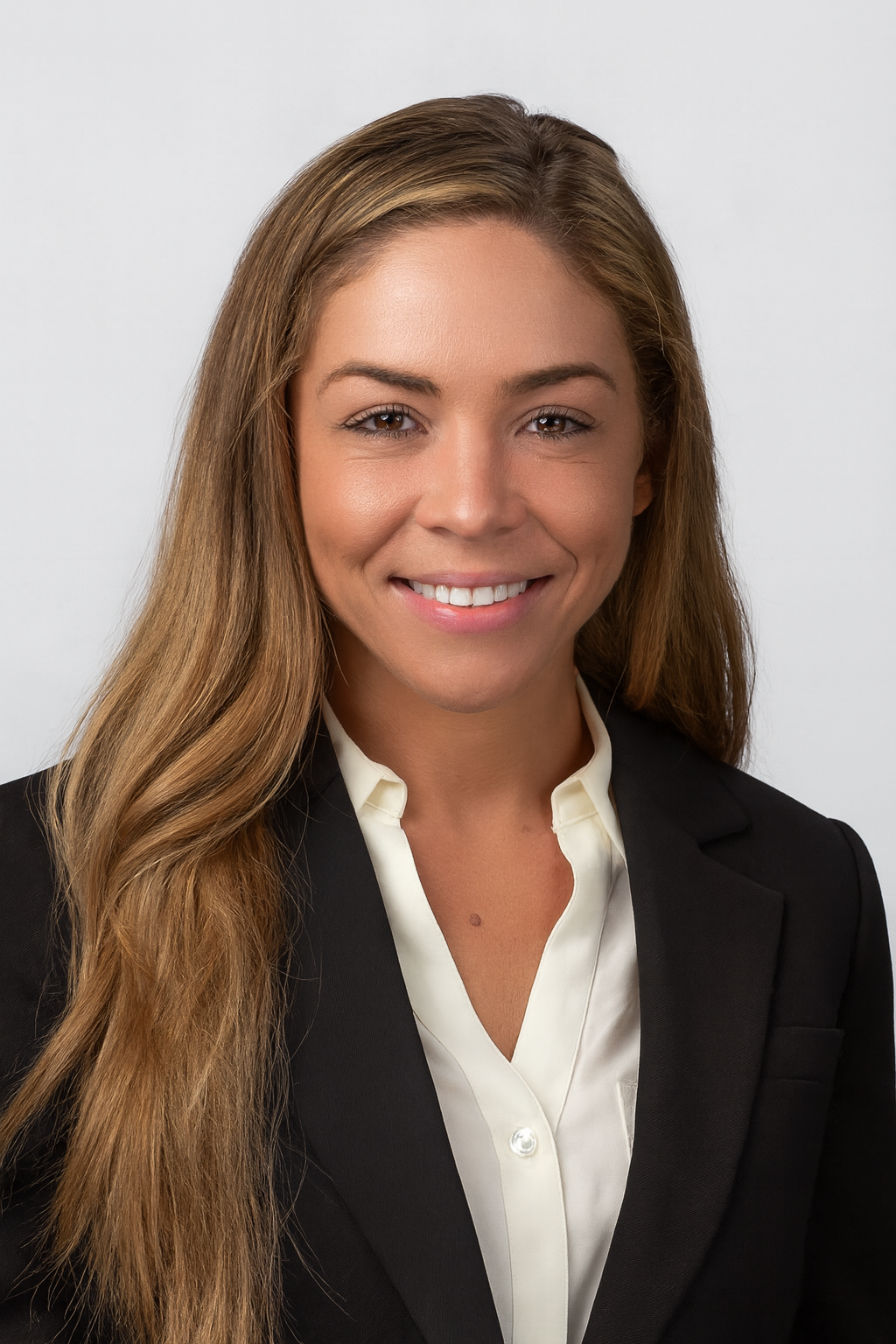 Professional woman with long wavy hair smiling, wearing a black blazer and white blouse, on a plain gray background.