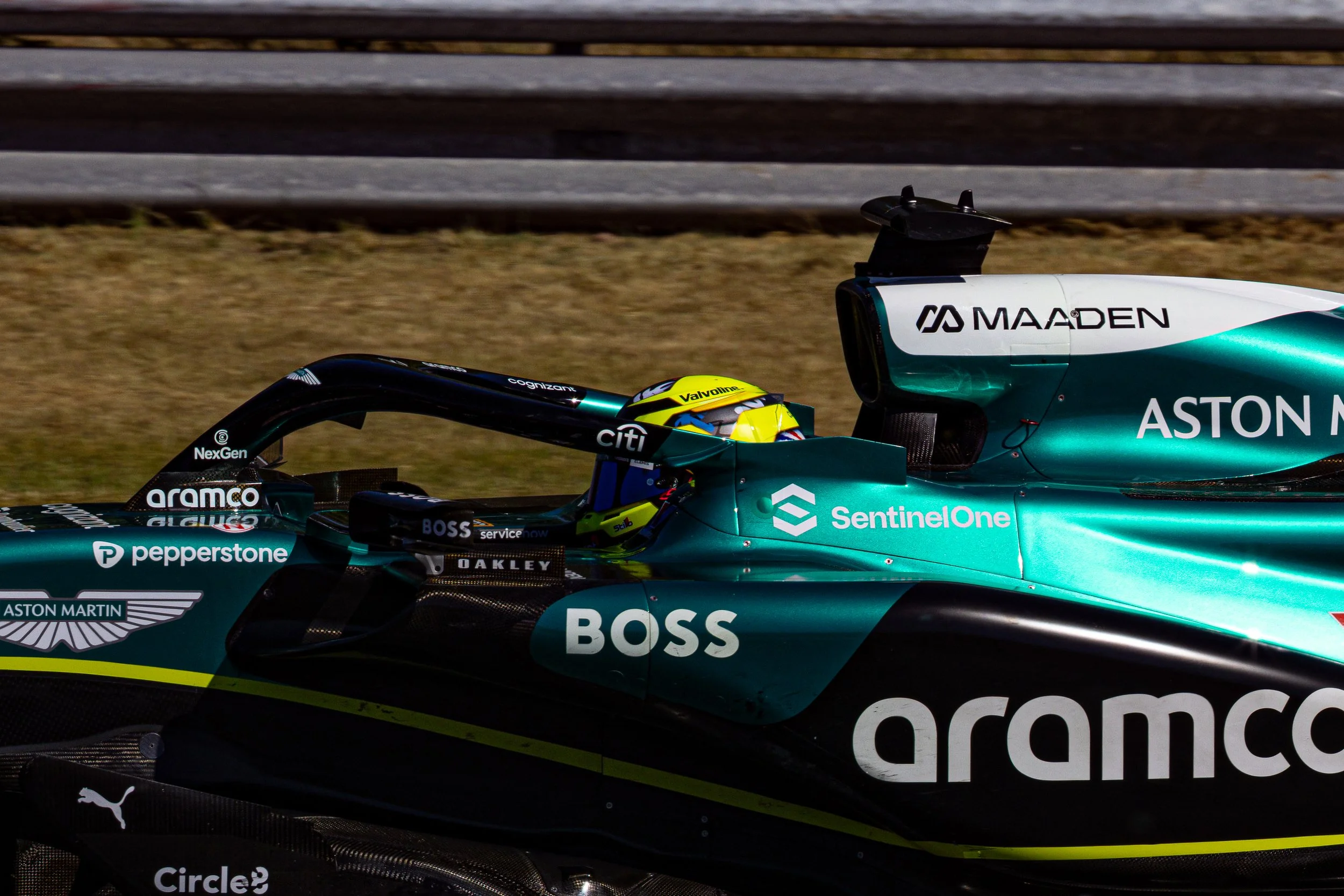 Close-up of Nick Yelloly driving a 2023 Aston Martin AMR23 during a tpc-test at Zandvoort in May of 2025.
