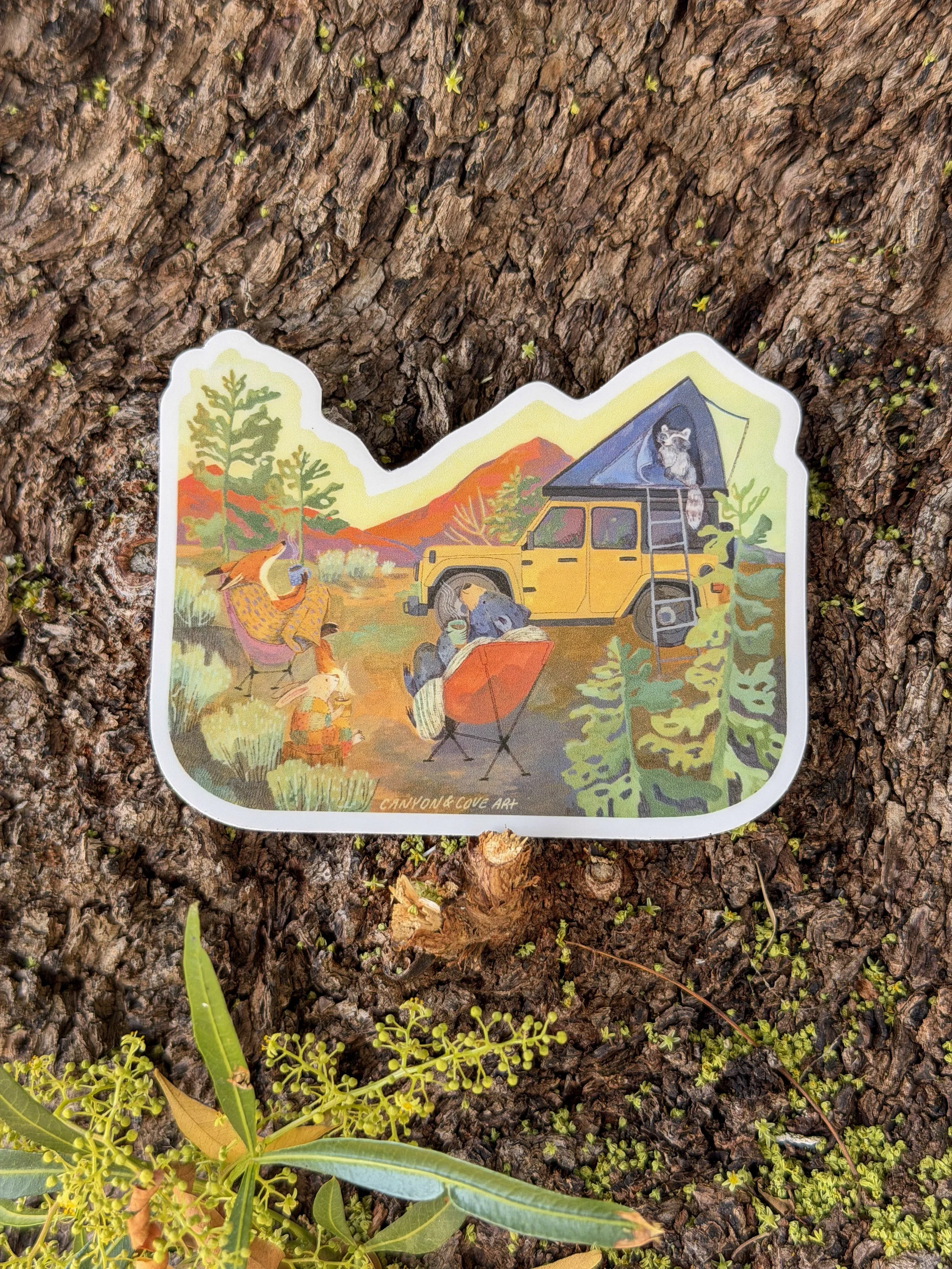 desert sunrise camp sticker