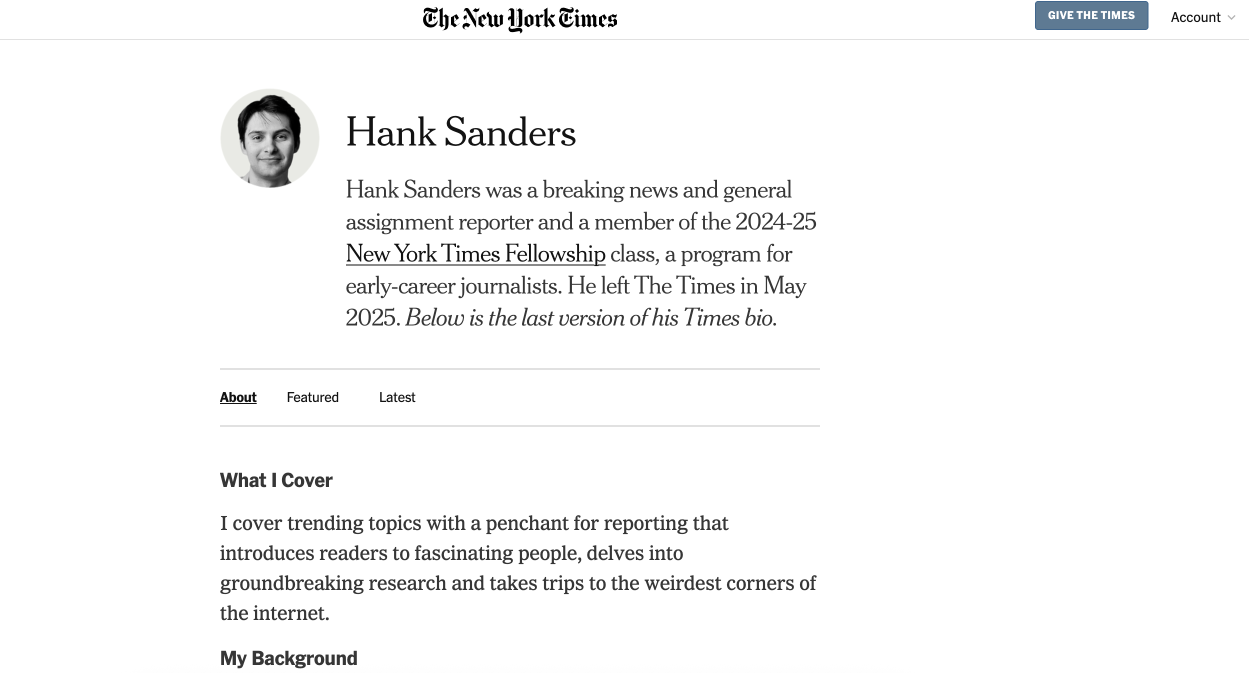 A screenshot of a biography page for Hank Sanders on The New York Times website.