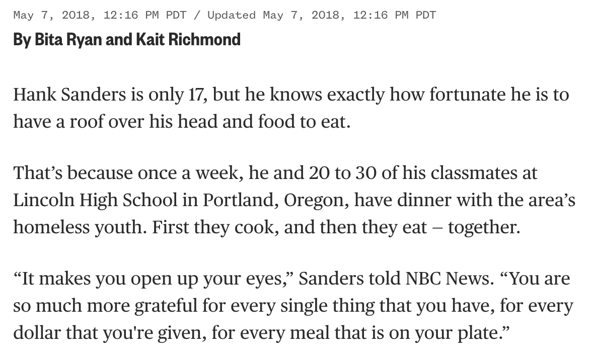 Screenshot of a news article with the headline by Bita Ryan and Kait Richmond, published on May 7, 2018, featuring a story about Hank Sanders, a 17-year-old high school student in Portland, Oregon, who helps homeless youth with dinner and has a roof over his head.