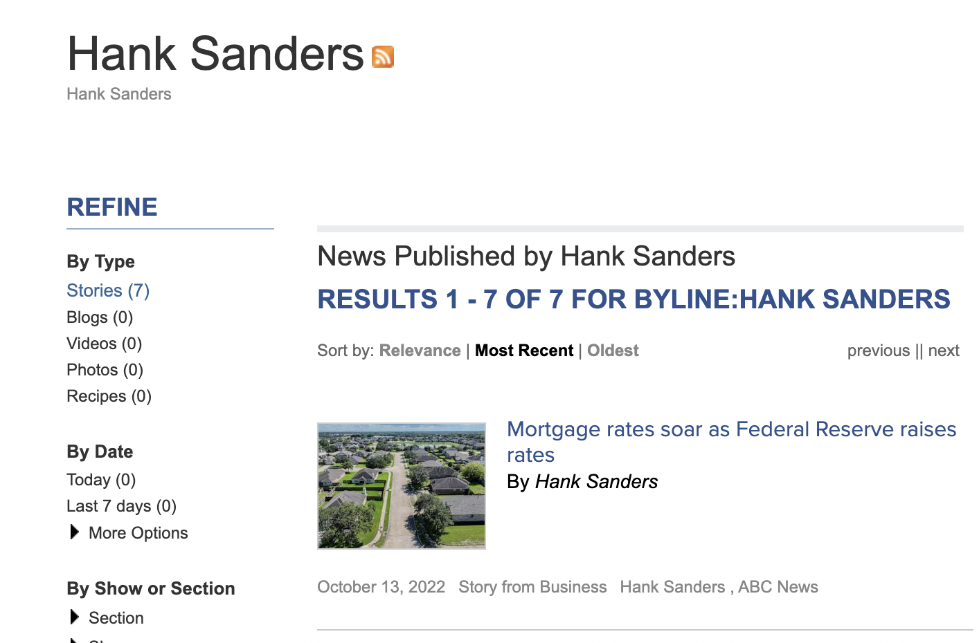 Screenshot of a news website page with the headline "Mortgage rates soar as Federal Reserve raises rates" by Hank Sanders, featuring a small image of a neighborhood with houses and trees.