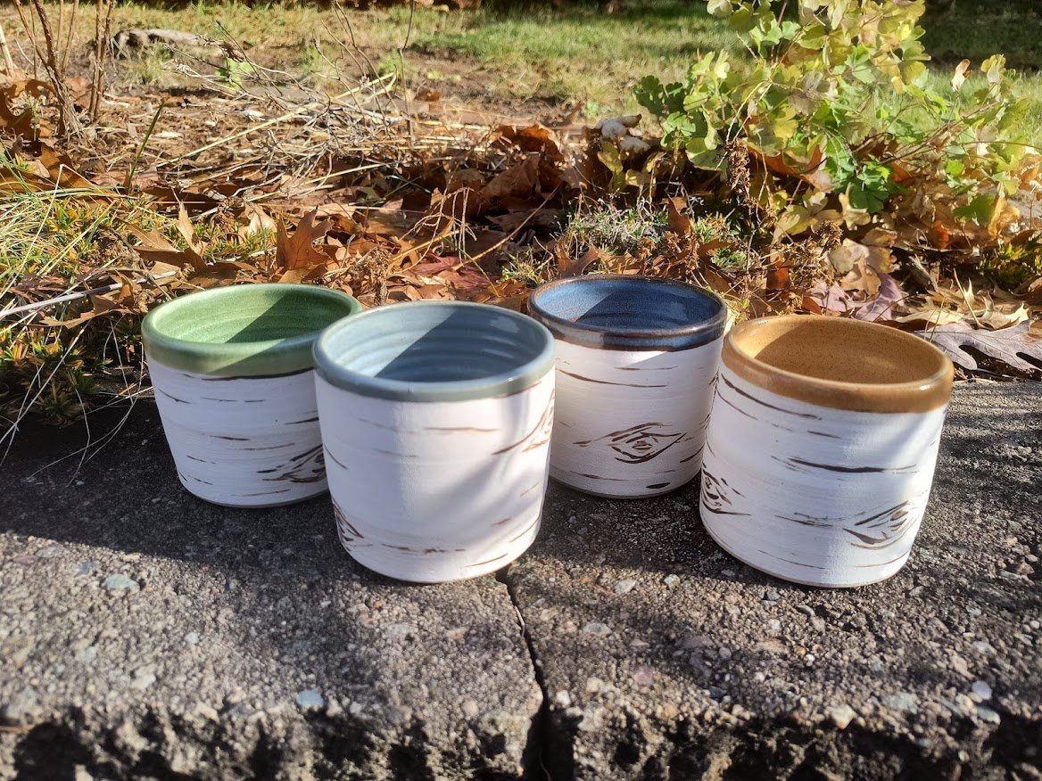 Four ceramic cups with different colored rims (green, gray, blue, and tan) placed on a stone surface outdoors, with dry leaves and green plants in the background.