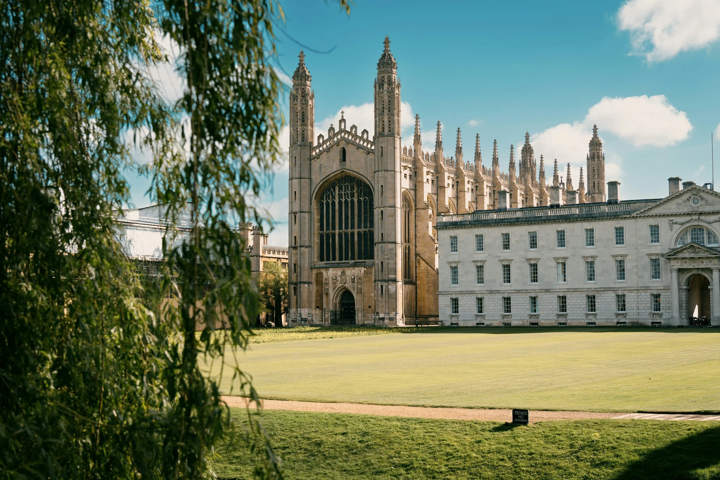 The chapel at St John's College, Cambridge. A large historic cathedral viewed through green tree leaves with a grassy area and sign in the foreground.