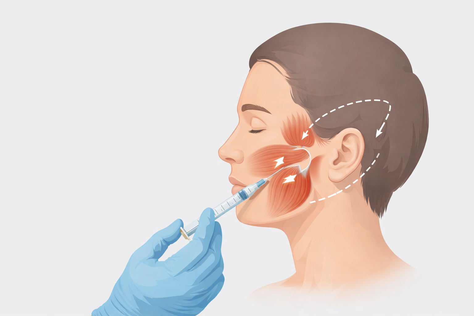 Illustration der Botulinumtoxin Injektion in Masseter und Temporalis Muskel zur CMD Behandlung
