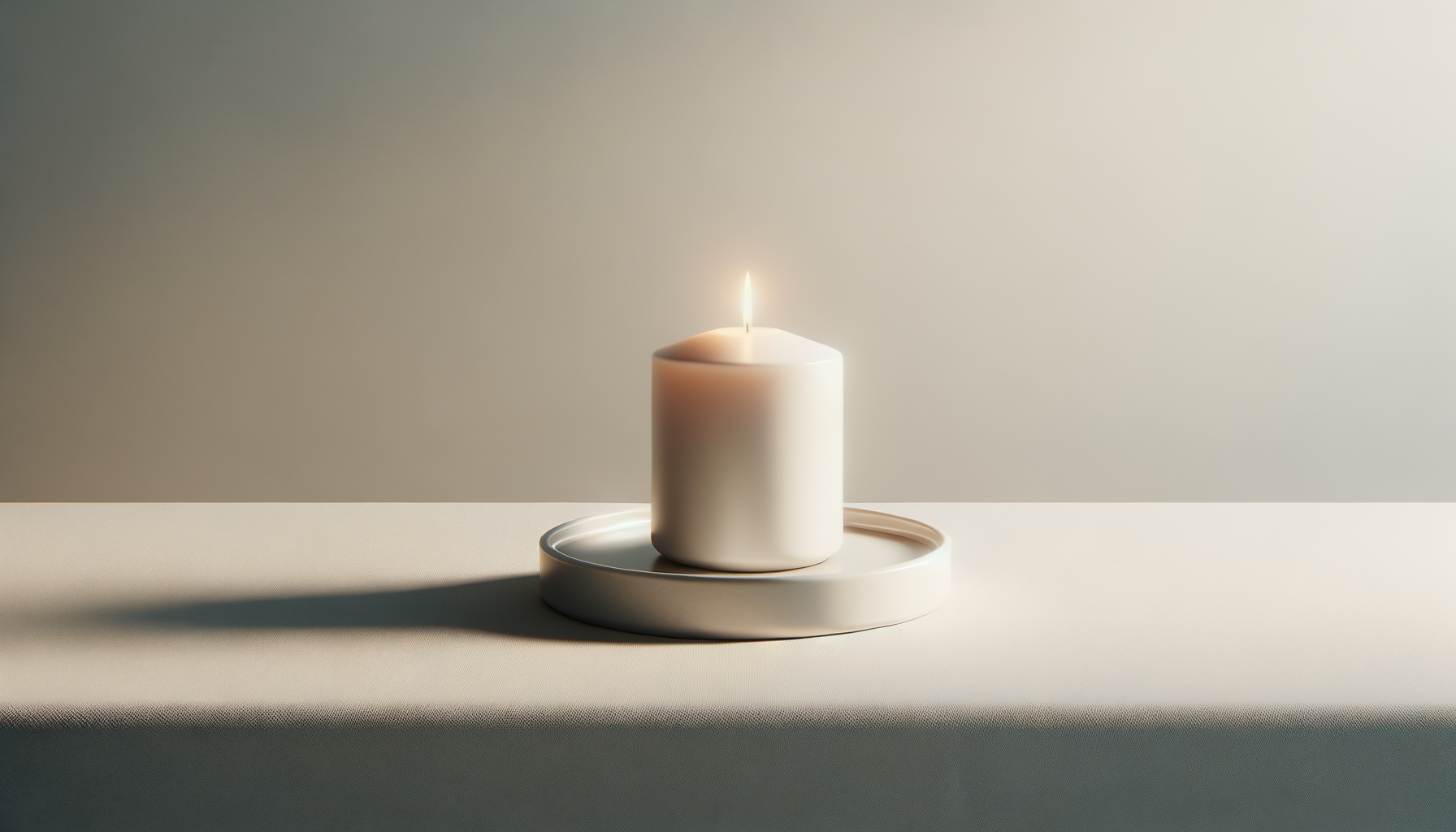 A white candle burning on a white tray, casting a shadow on a white surface against a plain background.