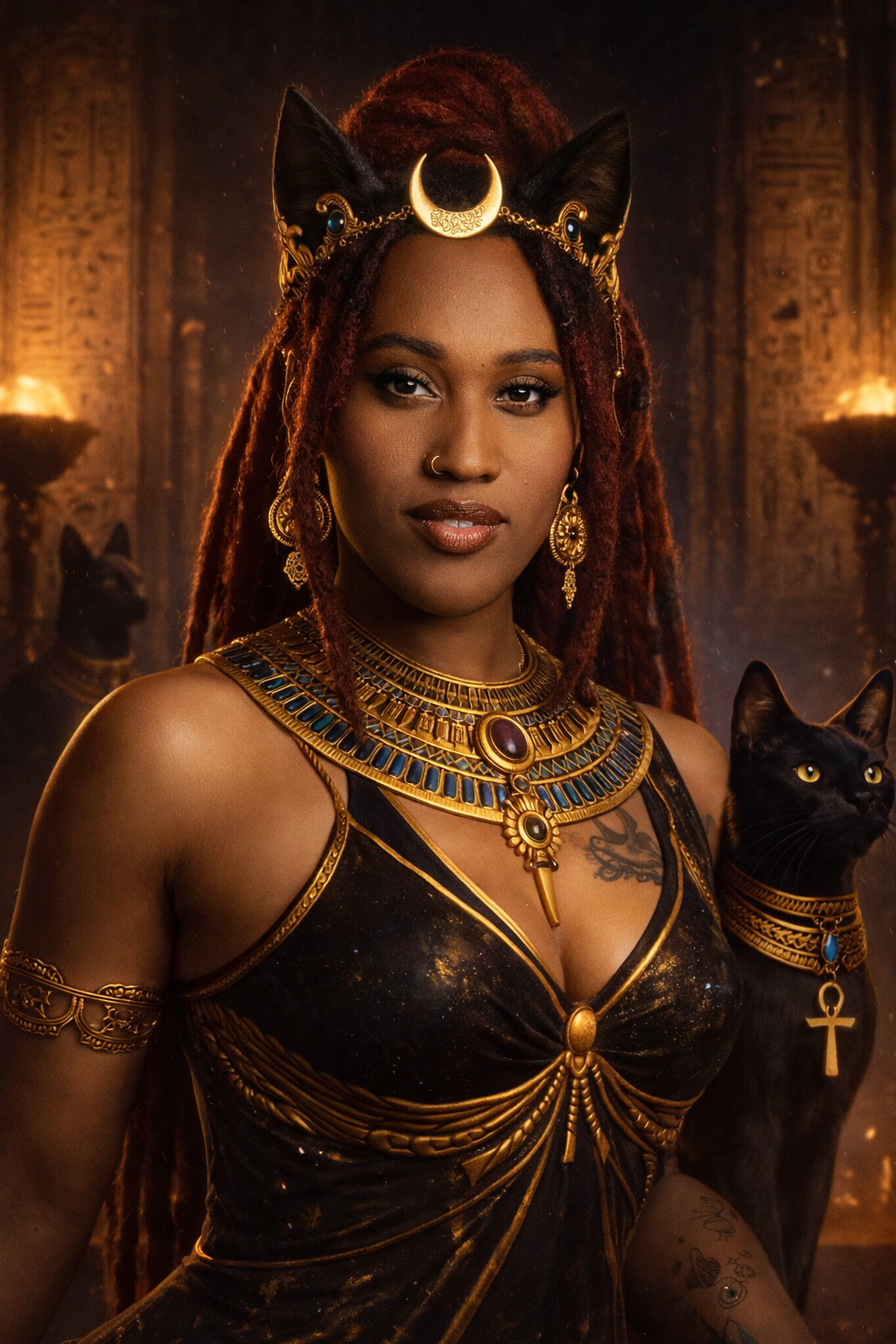 A woman with dreadlocks dressed in ancient Egyptian inspired attire, wearing elaborate gold jewelry and a headband with black cat ears and a crescent moon. She is accompanied by a black cat also adorned with gold jewelry, set against a background with Egyptian hieroglyphics and statues.