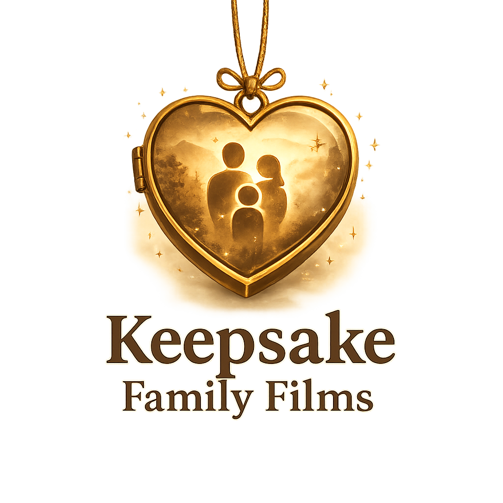 A gold heart-shaped locket with a silhouette of a family of three inside, set against a background of clouds and stars. The text underneath reads "Keepsake Family Films".