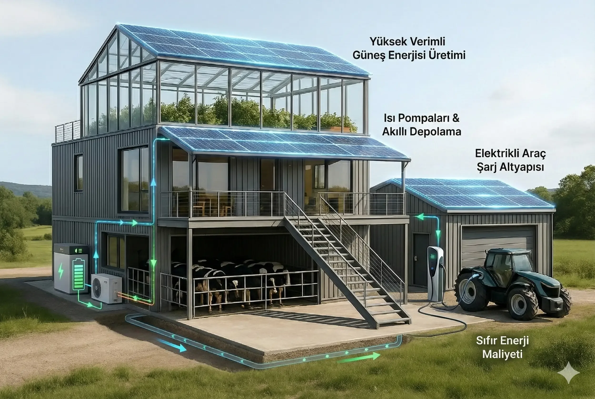 Güneş enerjisiyle çalışan akıllı evde güneş panelleriyle enerji üretimi, su pompaları ve akıllı depolama sistemleri, elektrikli araç şarj altyapısı ve sürdürülebilir enerji maliyeti gösteriliyor.