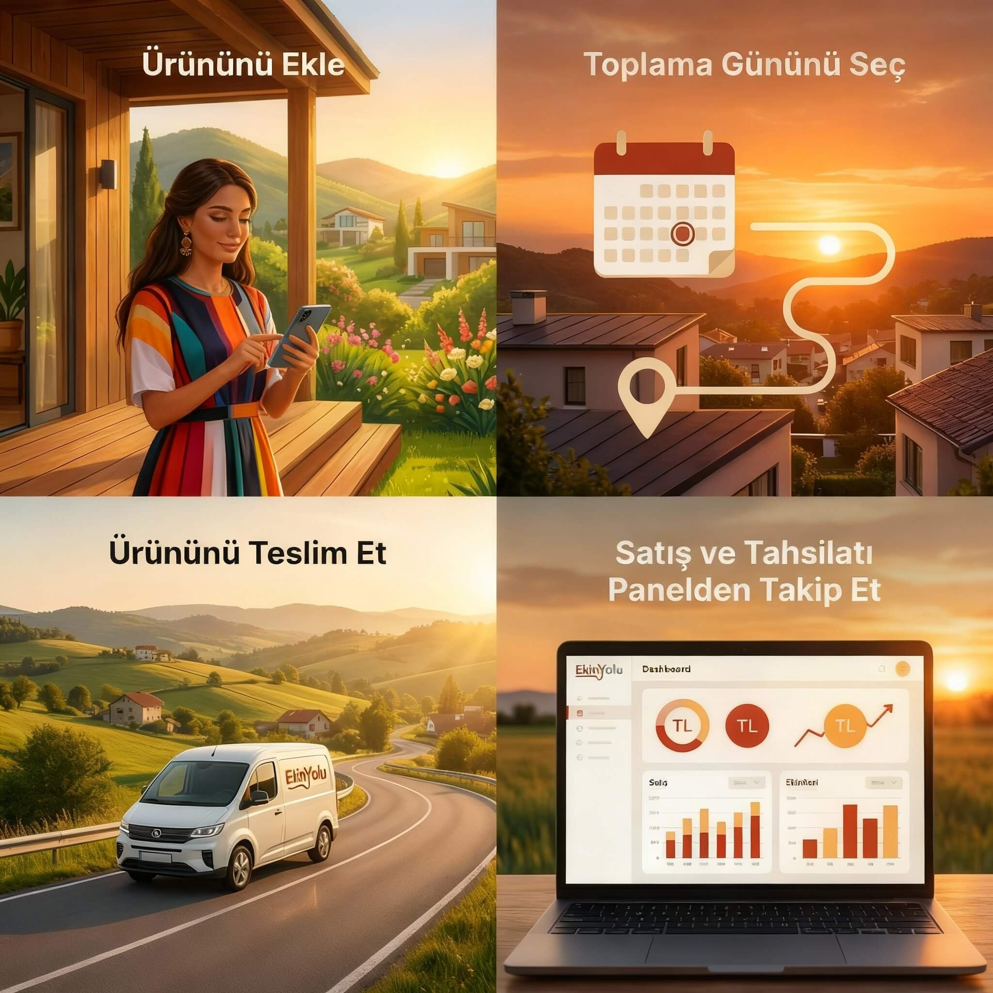 Dört bölümden oluşan görselde, ilk bölümde bir kadın akıllı telefon kullanıyor ve arka planda doğa manzarası bulunuyor; üst yazı 'Ürününü Ekle'. İkinci bölümde bir takvim ve bir rota çizgisi gösteriliyor, üst yazı 'Toplama Gününü Seç'. Üçüncü bölümde bir kamyonel ve kırsal alan manzarası var, üst yazı 'Ürünü Teslim Et'. Dördüncü bölümde bir dizüstü bilgisayar ekranı yer alıyor, üst yazı 'Satış ve Tahsilatı Panelden Takip Et'.