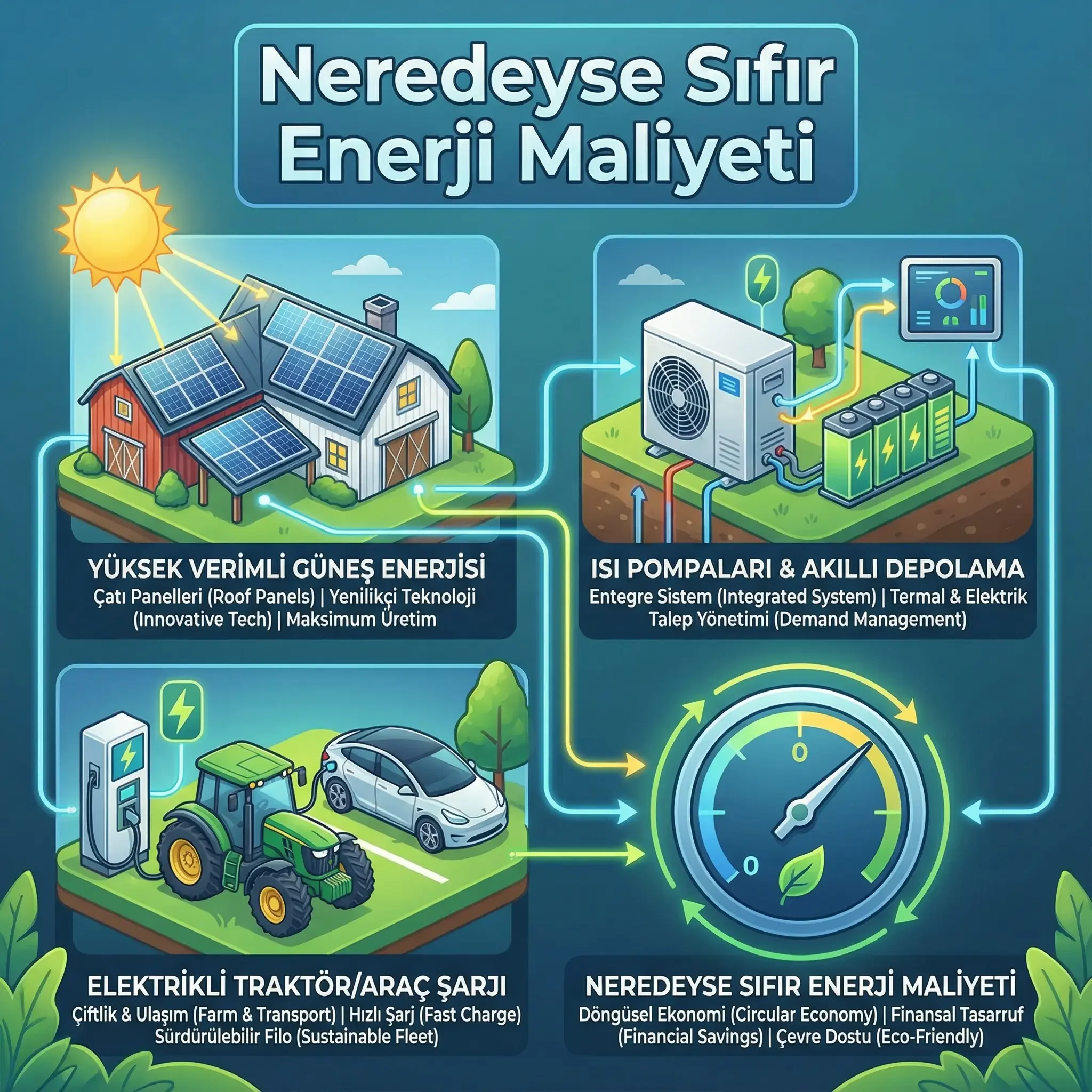 Güneş enerjisiyle çalışan çatılı binalar ve tarım araçlarının bulunduğu çizim. Üzerinde yüksek verimli güneş enerjisi, ısı pompaları ve akıllı depolama sistemleri gösteriliyor. İkinci bölümde, elektrikli traktör ve araç şarj istasyonu ile döngüsel ekonomi ve çevre dostu enerji vurgulanıyor.