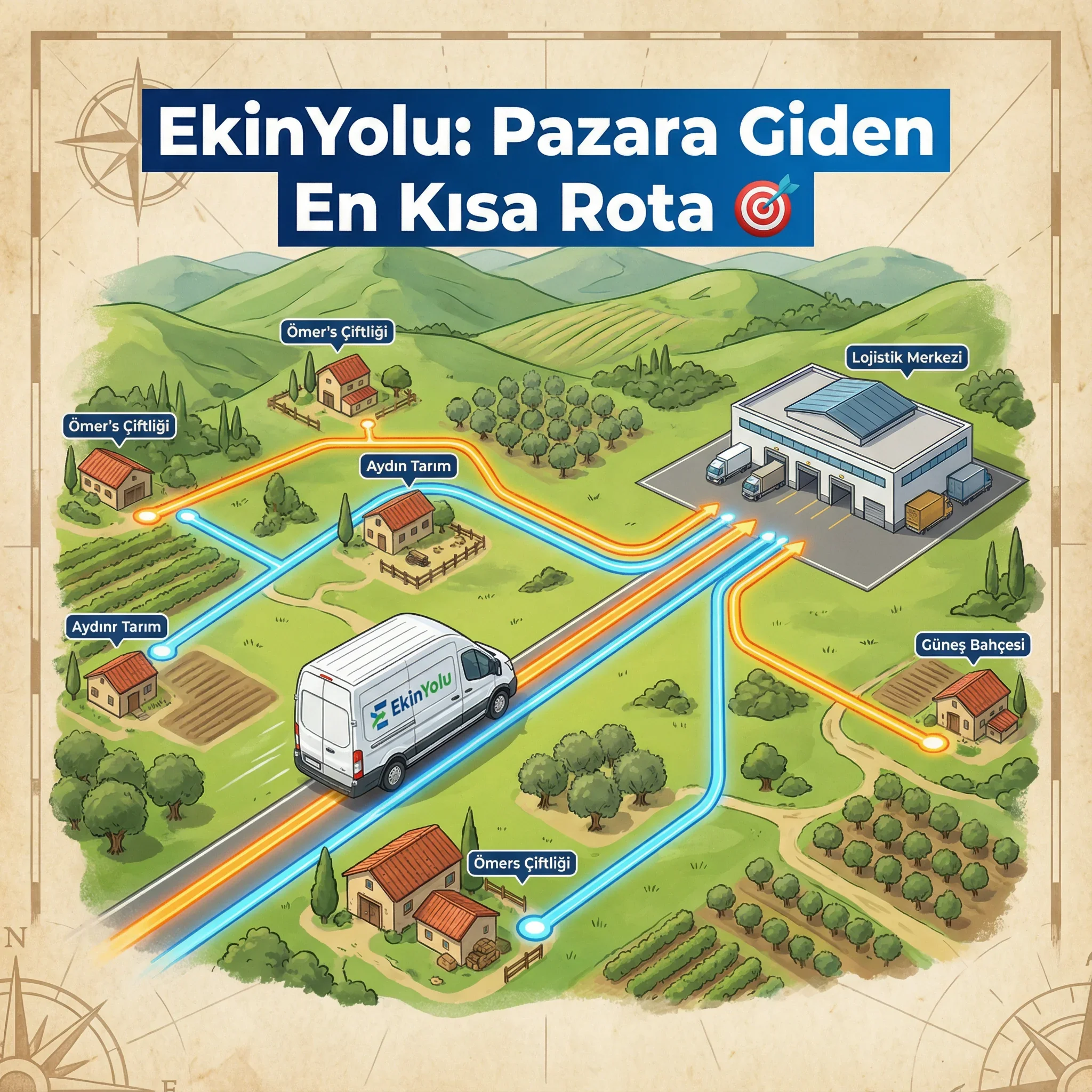 EkinYolu'nun en kısa rotası harita üzerinde gösteriliyor: Çiftlikler, tarım alanları ve lojistik merkezi ile birlikte. Akredilerle ve yollarla ulaşım gösteriliyor.