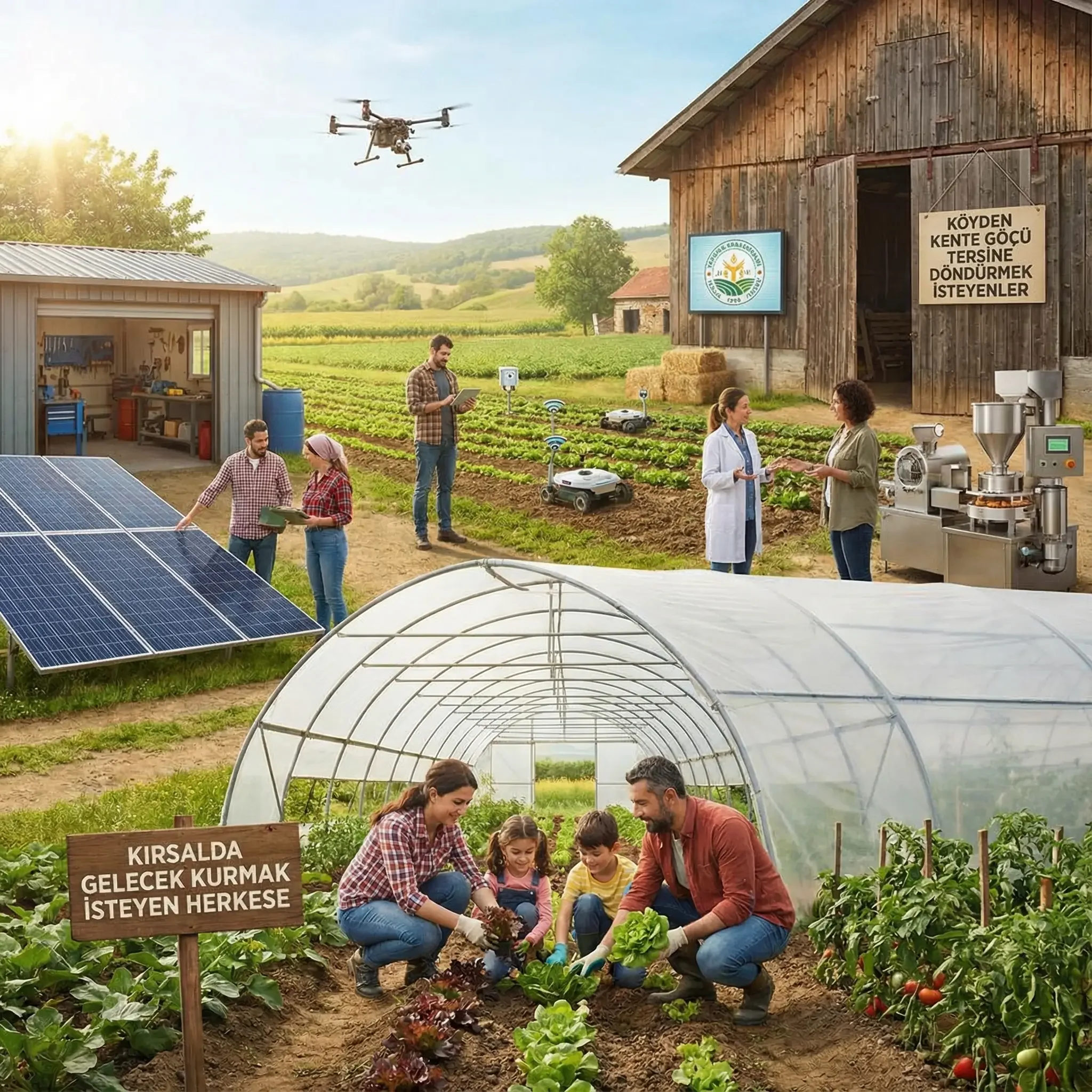 Çiftlikte güneş enerjisi panelleri ile çalışan robotlar ve çalışanlar, tarım makineleri ile bilgi alışverişi yapıyor, insanlar serada sebze yetiştiriyor ve çocuklar bahçede sebze topluyor.