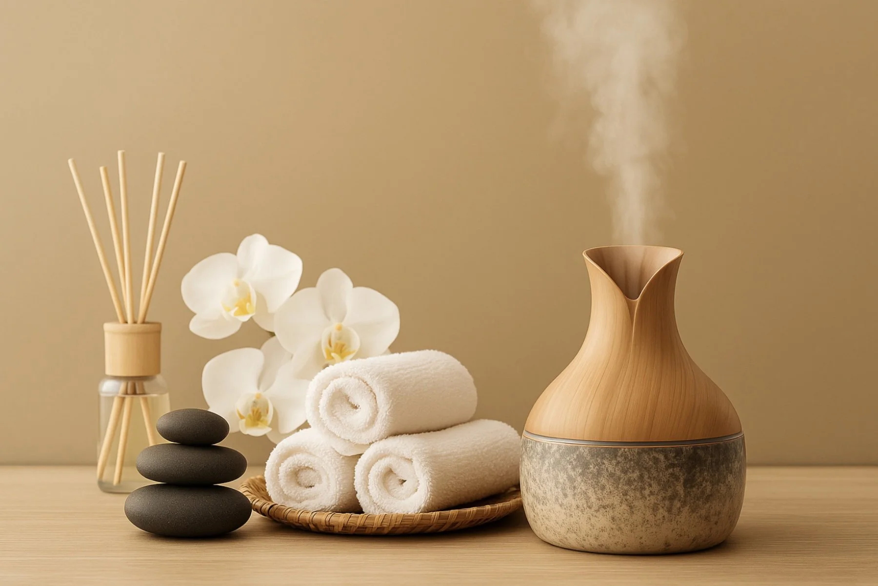 Spa scene with white rolled towels, white orchids, a diffuser with reeds, black stones, and an essential oil diffuser emitting steam.