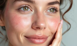 Close-up of a woman with clear skin and light makeup, smiling gently with her hand resting on her face.