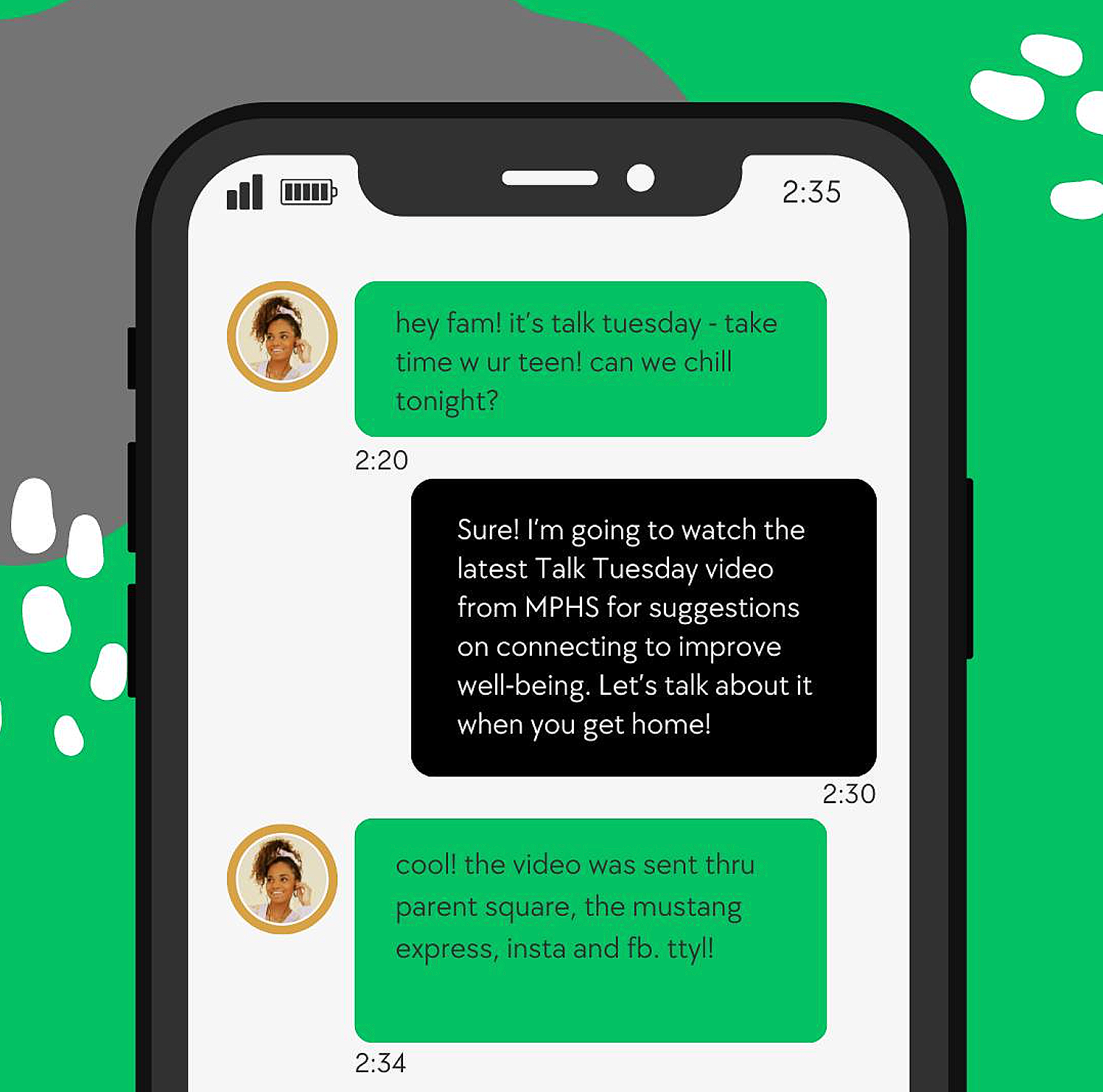 Screenshot of a text message conversation on a smartphone, with messages discussing watching a Talk Tuesday video and sharing social media links.