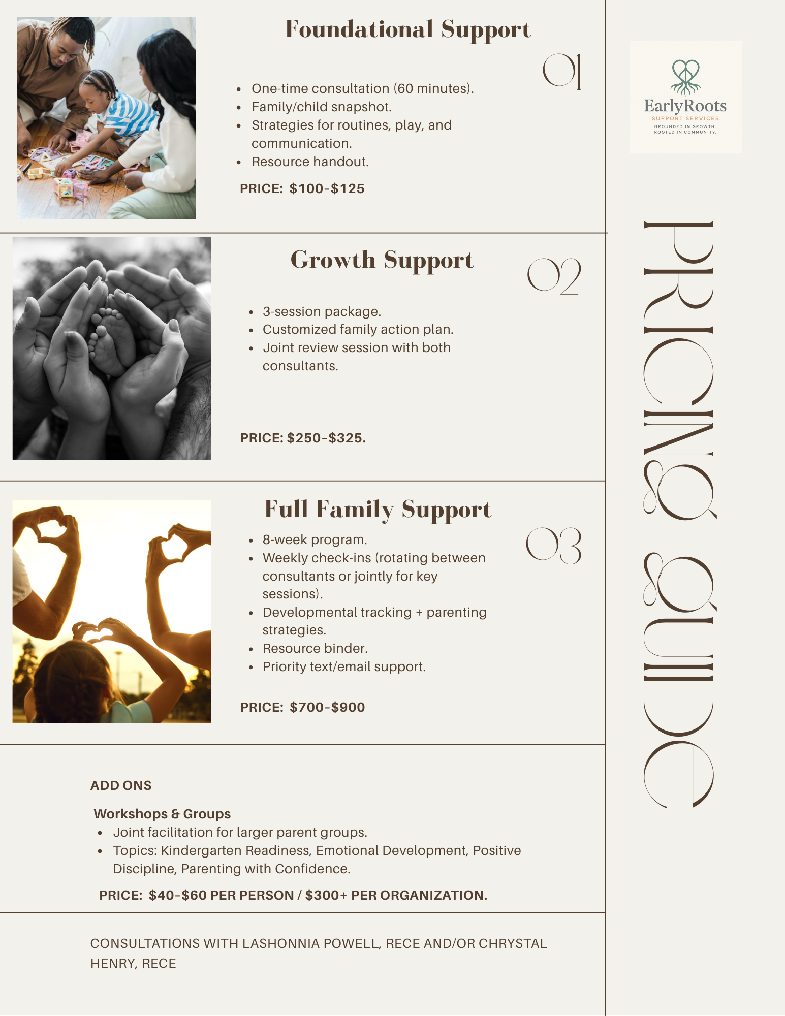 A detailed flyer for EarlyRoots Support Services offering three parenting support programs: Foundational Support, Growth Support, and Full Family Support. The flyer includes descriptions, prices, images of families and children, and contact information.