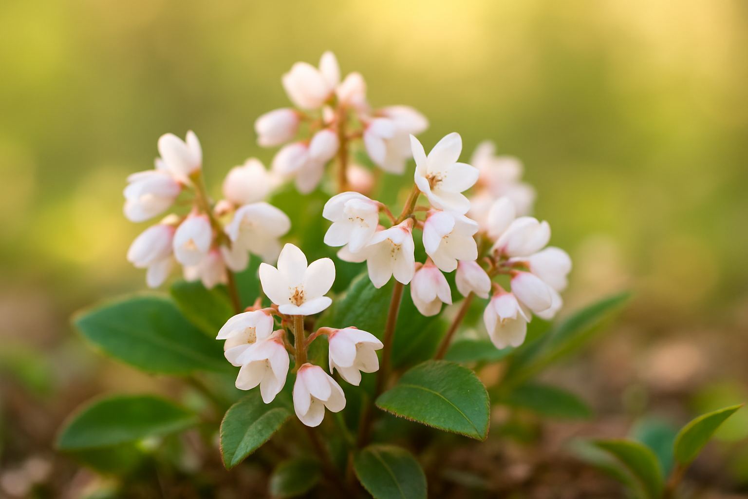 Close-up of white flowers with pink accents and green leaves, blurred background.
