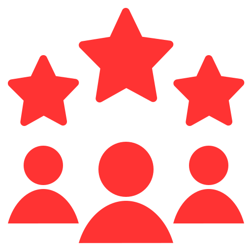 Red icon depicting three people with three stars above them, representing awards or achievement.