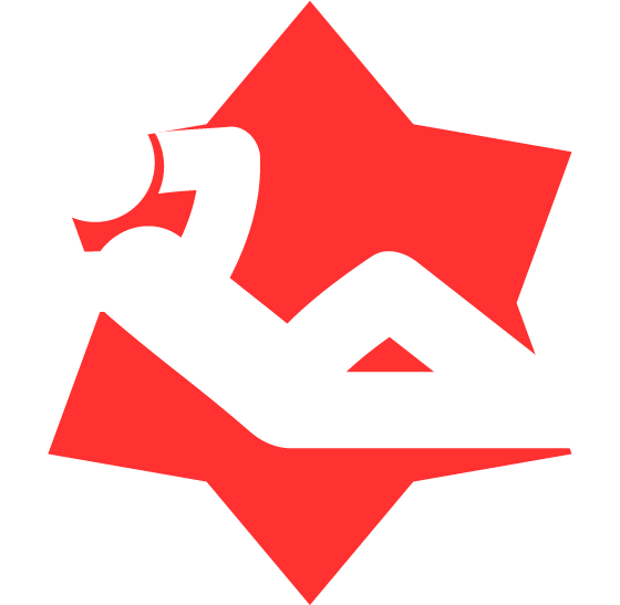 Stylized red star with white outline and abstract shapes inside.