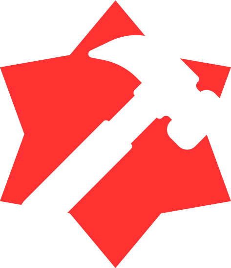 A white hammer overlaying a red star on a black background.