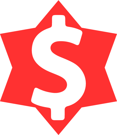 A red, star-shaped badge with a white dollar sign in the center.