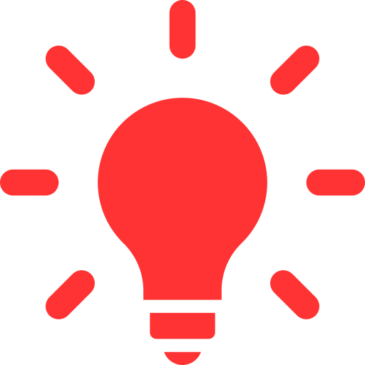 Red light bulb icon with eight rays around it on a black background.