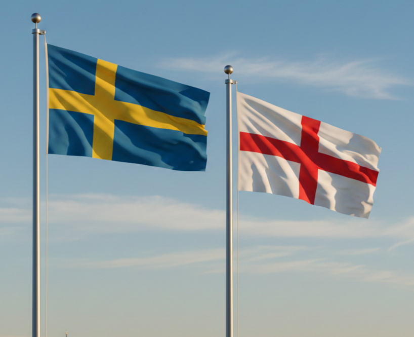 Swedish and English flags flying side by side against a blue sky.