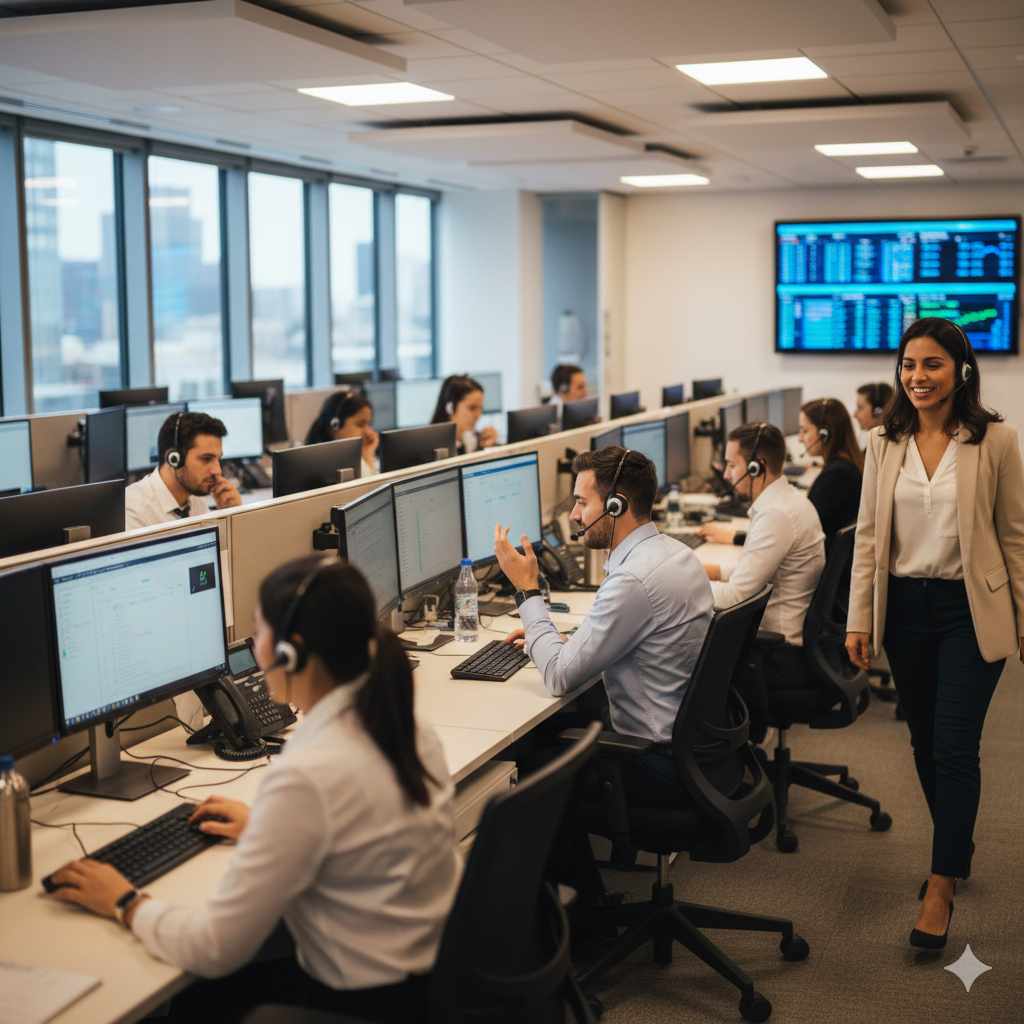 Un grupo de personas en un centro de operaciones, trabajando en sus computadoras con auriculares, en un entorno de oficina moderna con ventanas y una pantalla grande que muestra datos financieros en la pared.