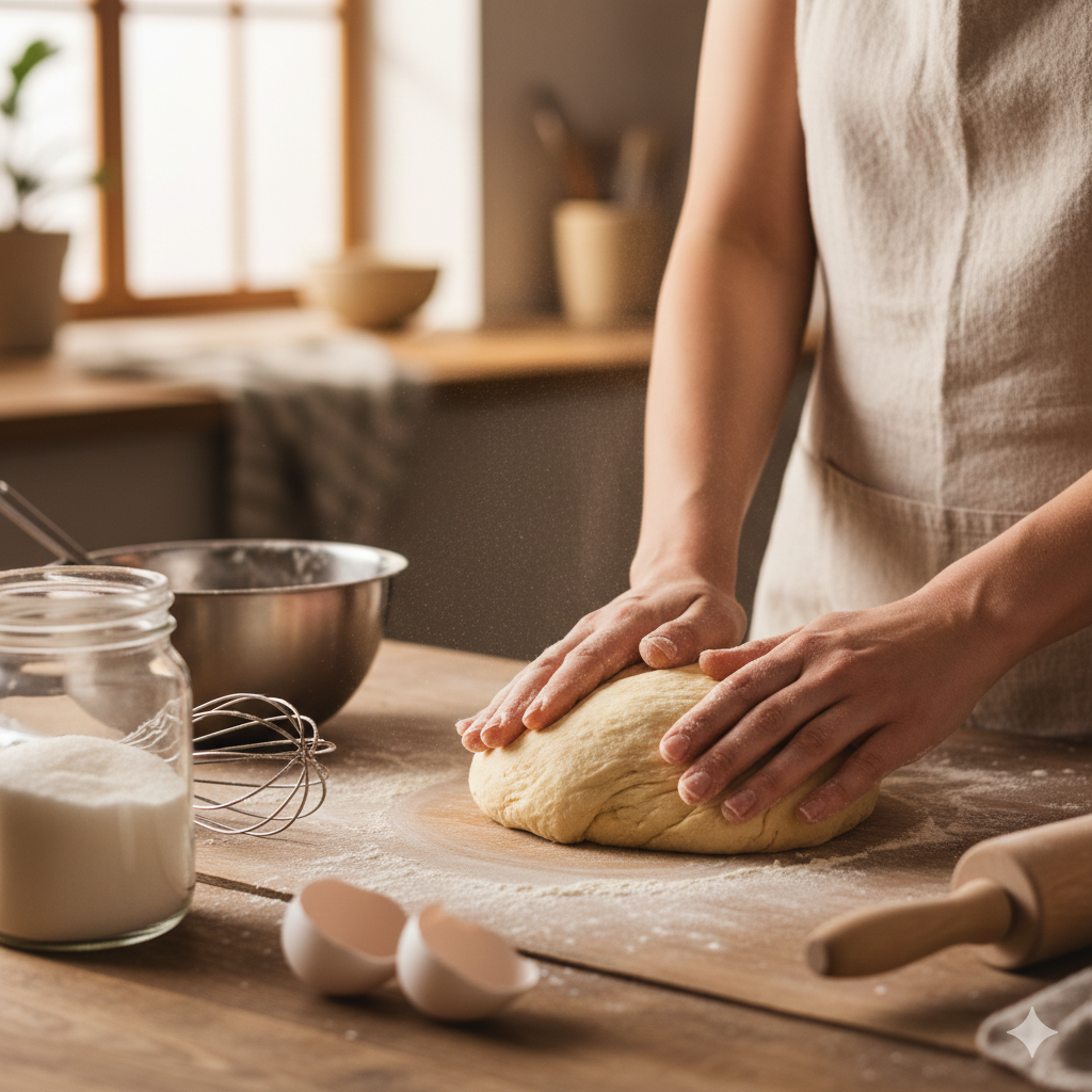 Persona amasando masa en una mesa de madera en una cocina bien iluminada.