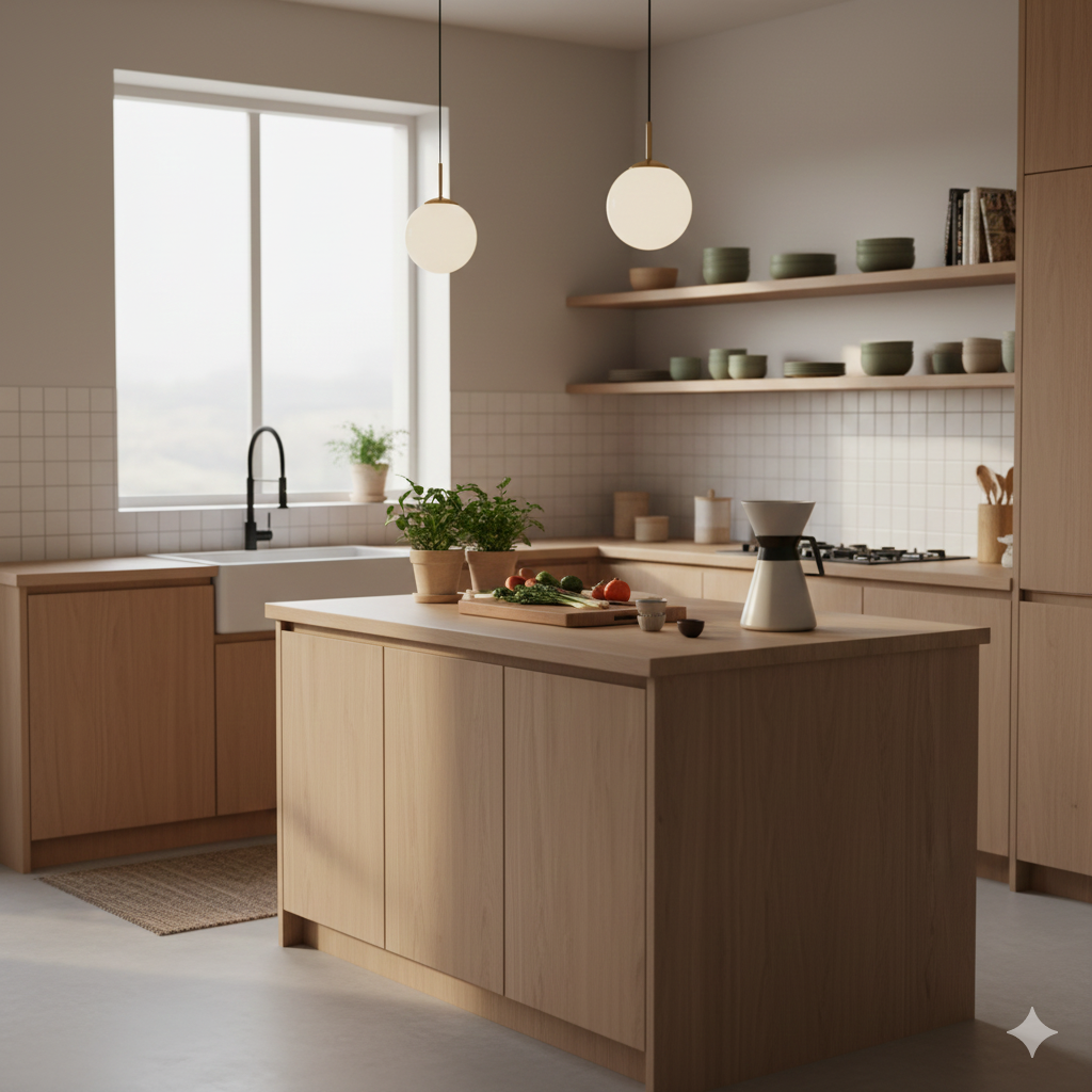 Cocina moderna con gabinetes de madera clara, isla con utensilios de cocina, plantas y platos en estantes abiertos, ventana con luz natural y lámparas redondas colgantes.
