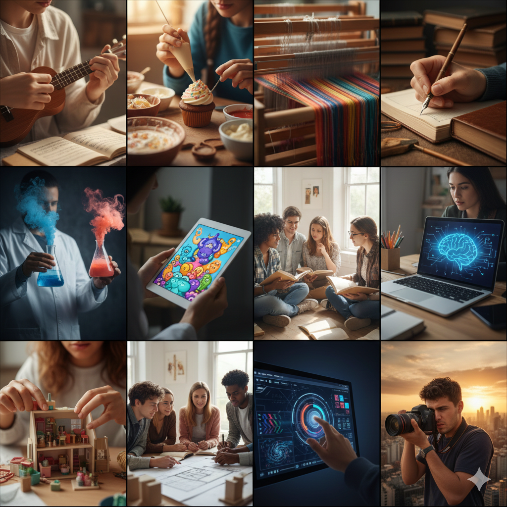 Collage de doce imágenes que muestran diferentes actividades como tocar la guitarra, decorar un cupcake, tejer en una máquina de tejer, escribir, realizar experimentos científicos, usar un dispositivo móvil con gráficos, leer en grupo, trabajar en computadora, jugar con una casa de muñecas, realizar una reunión de estudio, usar un sistema de control en una pantalla, y tomar fotos al atardecer.