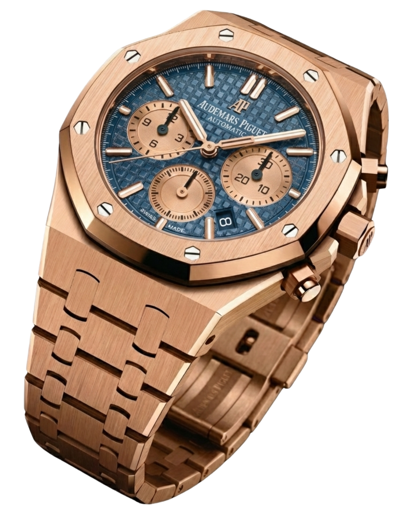 A luxury wristwatch with a rose gold case and bracelet, blue patterned dial, and three chronograph subdials.
