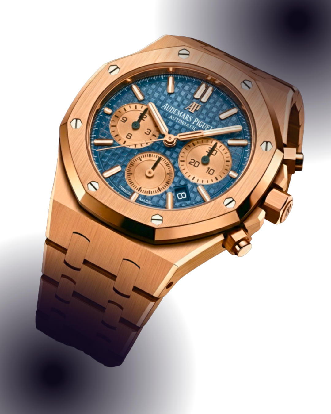 A luxury gold wristwatch with a blue textured dial, gold subdials, and gold hands, featuring the brand Audemars Piguet.