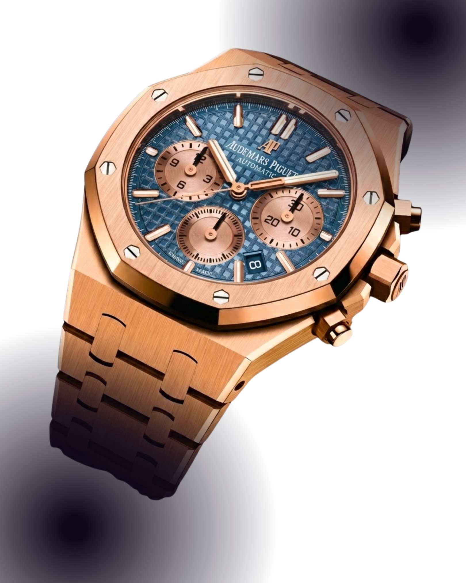 A luxury rose gold luxury chronograph wristwatch with a textured blue dial, three subdials, and a date window, against a dark background.