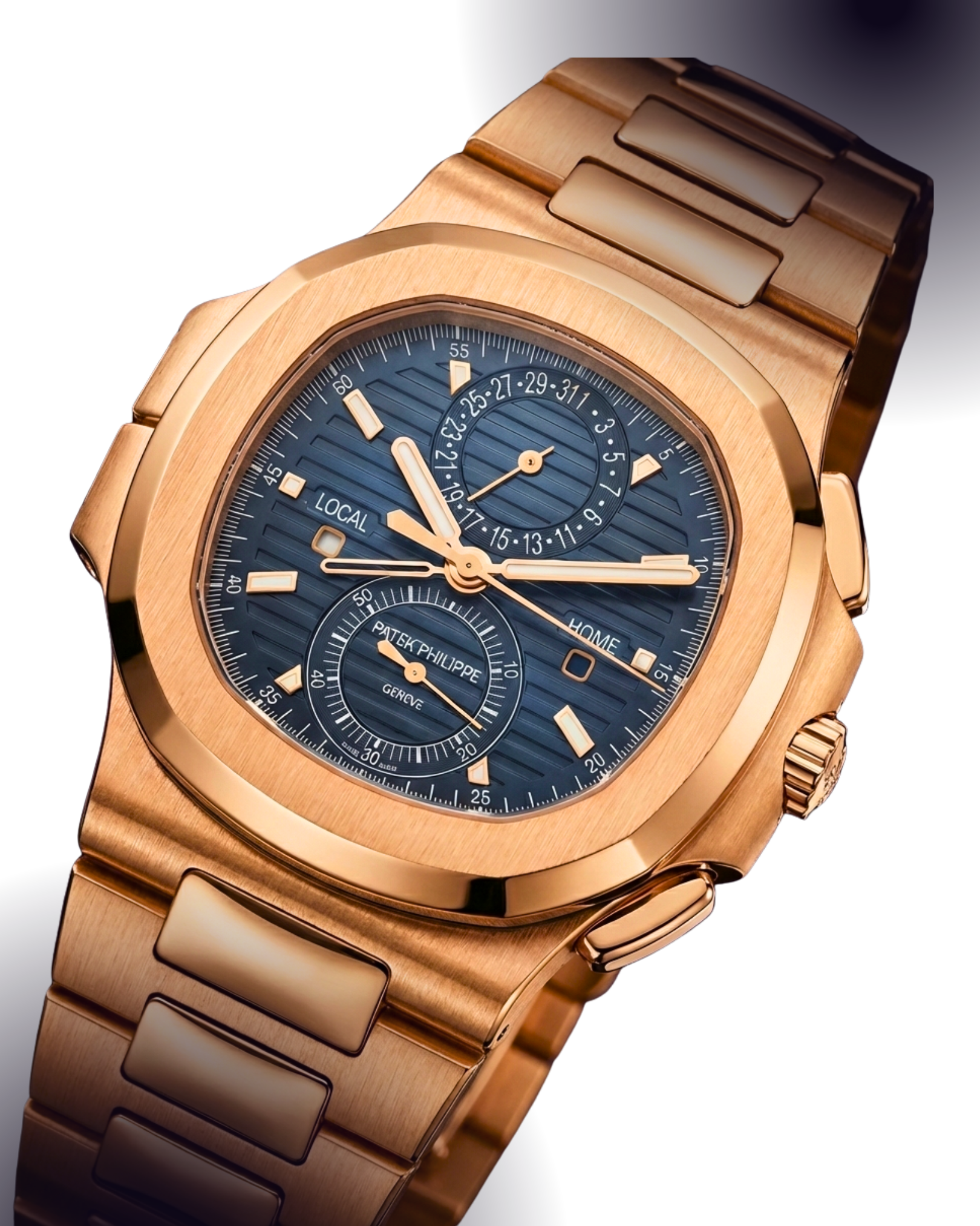 Gold luxury wristwatch with blue dial, multiple subdials, and a metal bracelet.