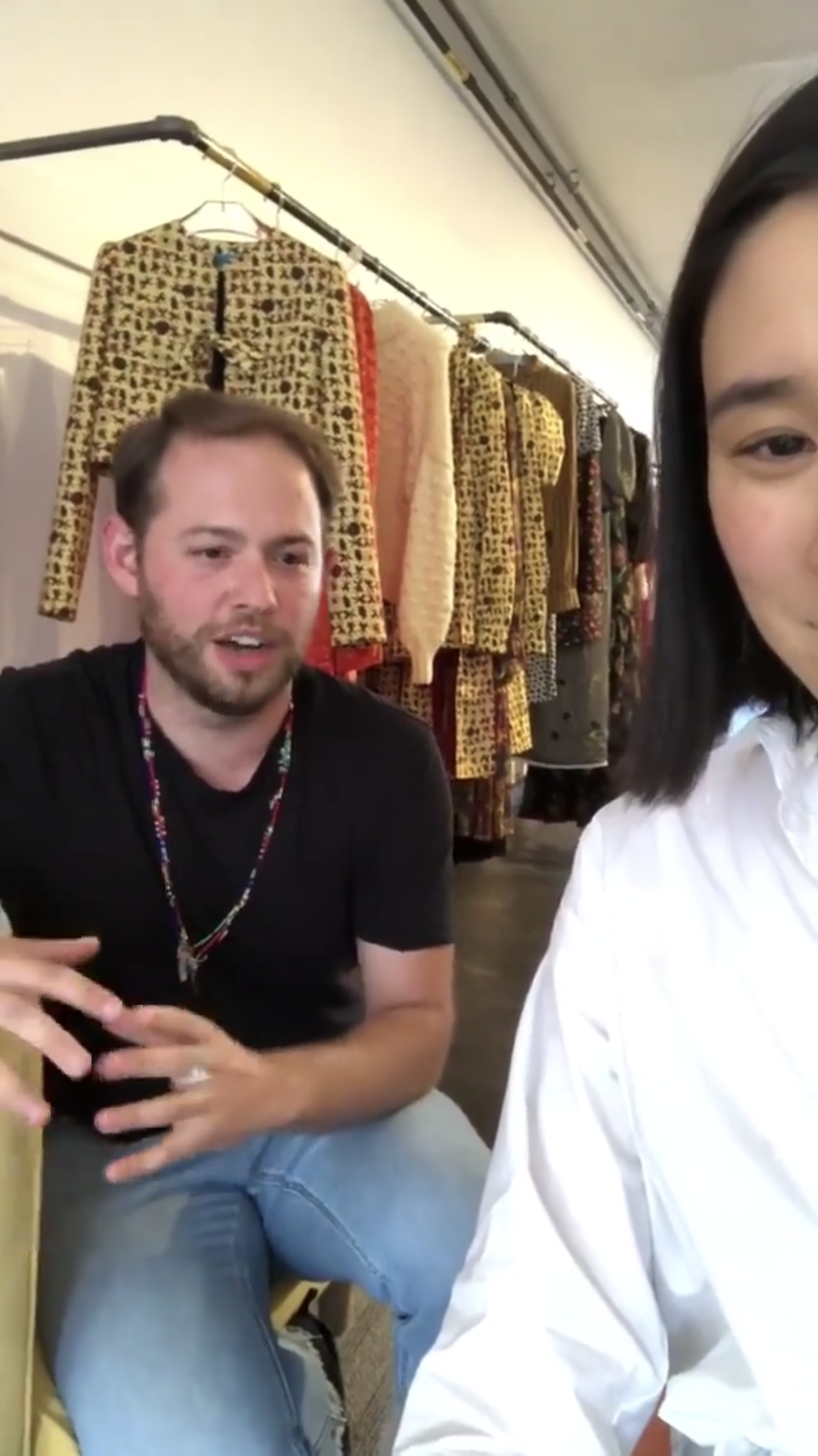 Jonathan Cohen wearing Bunny Shapiro necklaces while meeting with Eva Chen from IG.