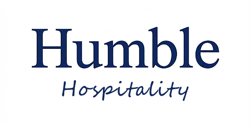 The image displays the words 'Humble Hospitality' in stylized blue text.