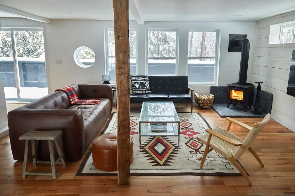 Cozy modern living room at Black Bear Cottage, Catskills rental home for families and groups - perfect for gatherings with friends or family of 8.