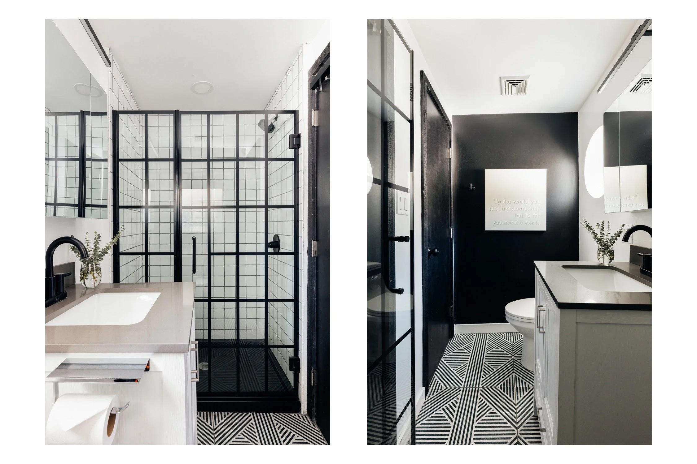 2  modern bathrooms at the Black Bear cottage, a vacation home rental featuring a black and white color scheme,  a glass shower, vanity with black fixtures, and patterned floor tiles.