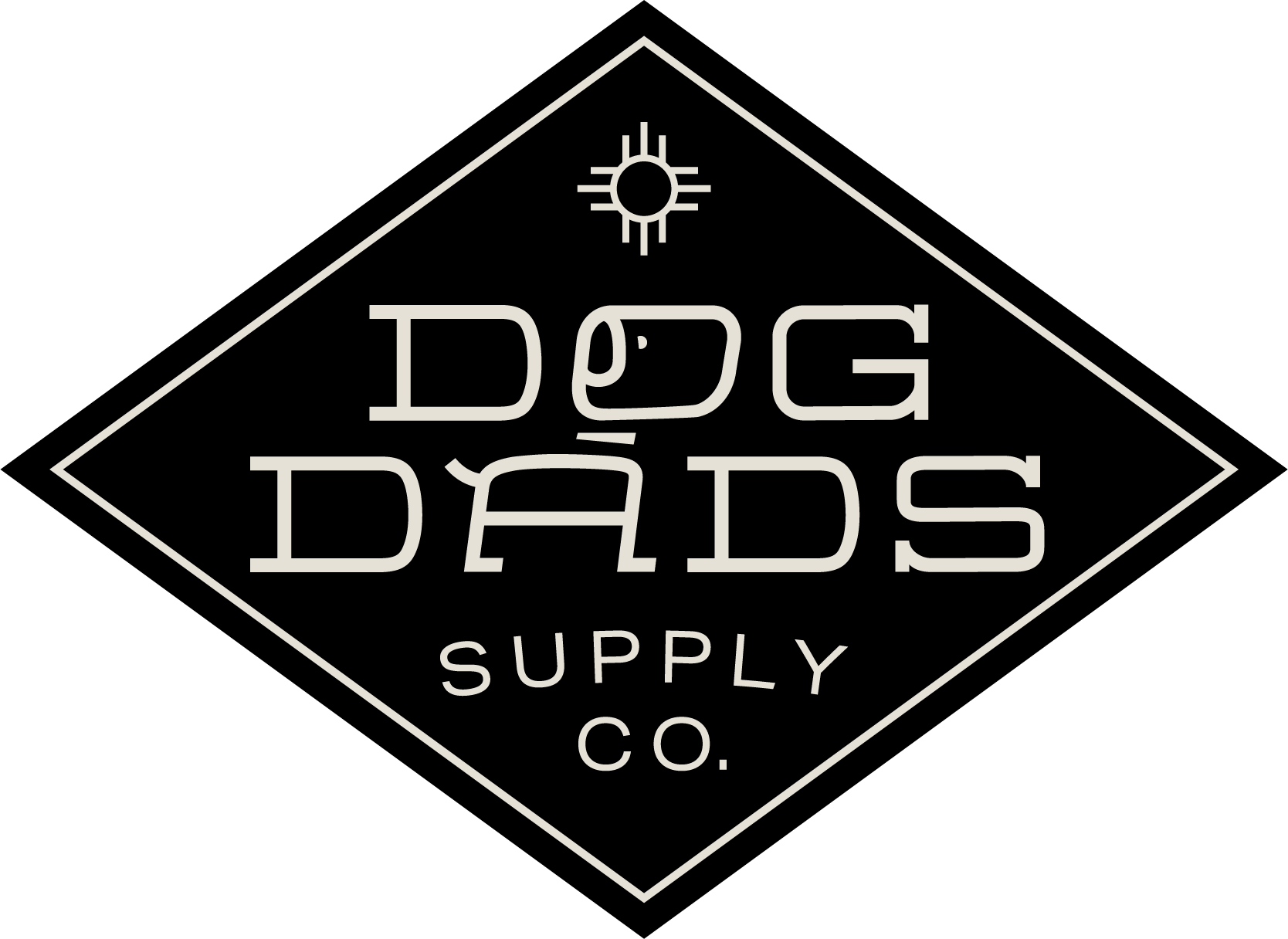Black logo with white geometric outline and text that reads "Dog Dads Supply Co." with a small sun symbol above the text.