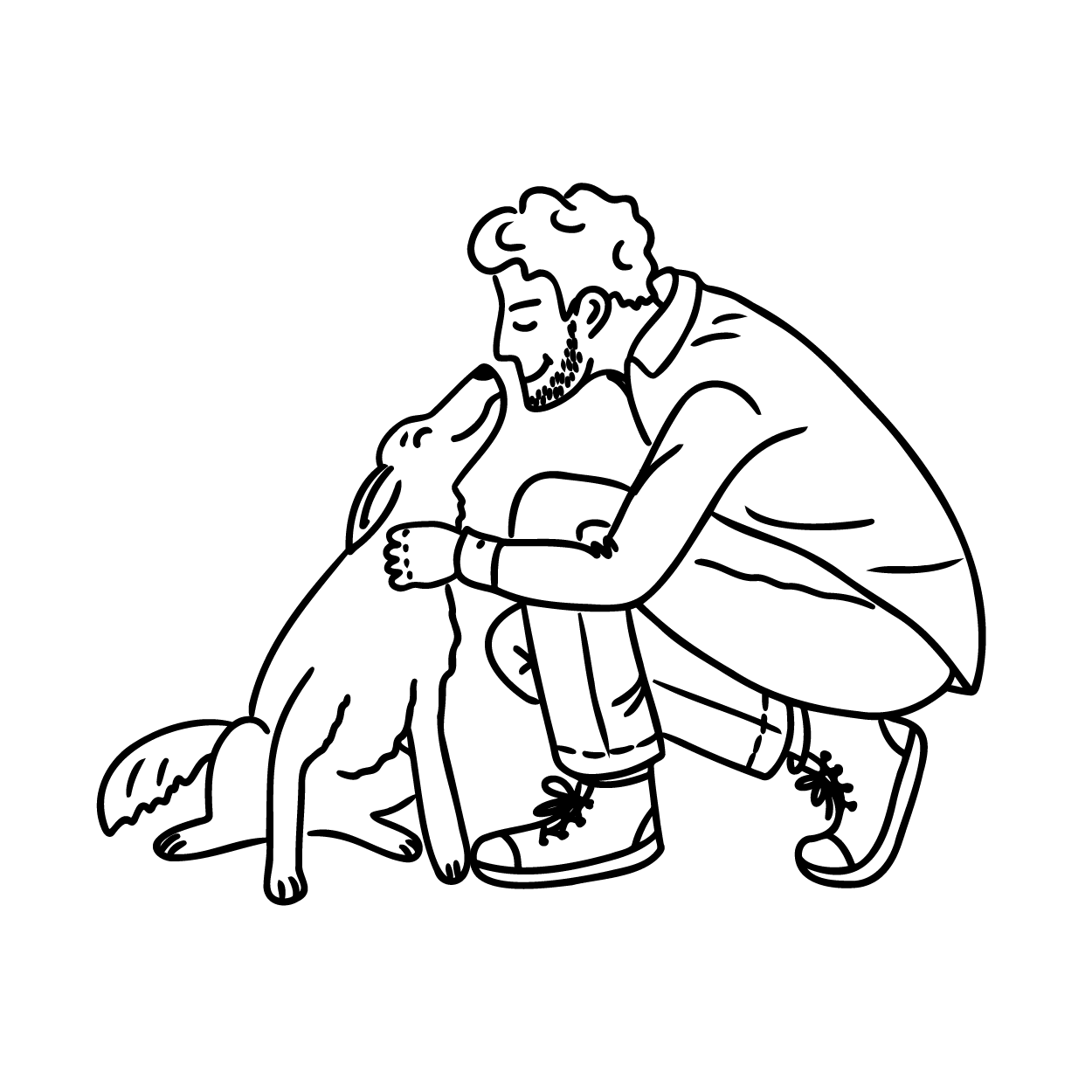 Line drawing of a man kneeling and hugging a dog with a happy expression.