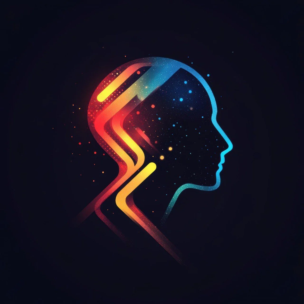 Digital artwork of a human head profile with starry background, colorful lines, and a luminous, cosmic effect.